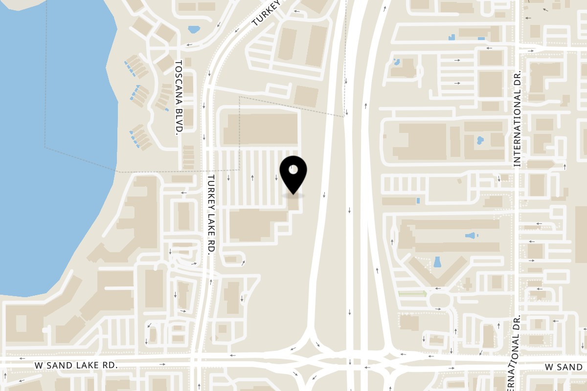 Map showing the location of King Cajun Crawfish on 7637 Turkey Lake Rd in Orlando
